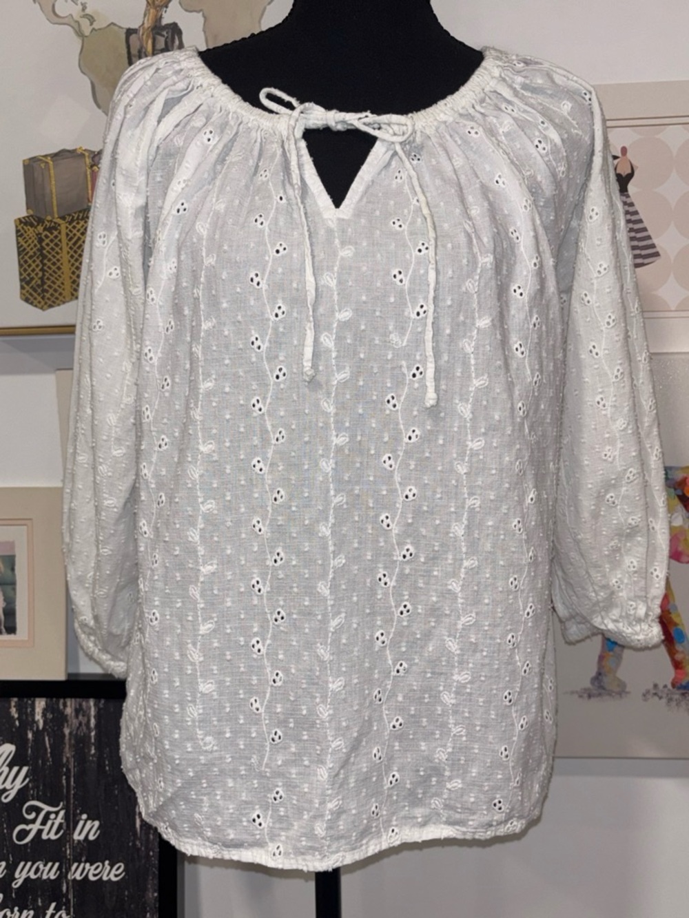 Joie White Eyelet Peasant Blouse with Tie Neck
